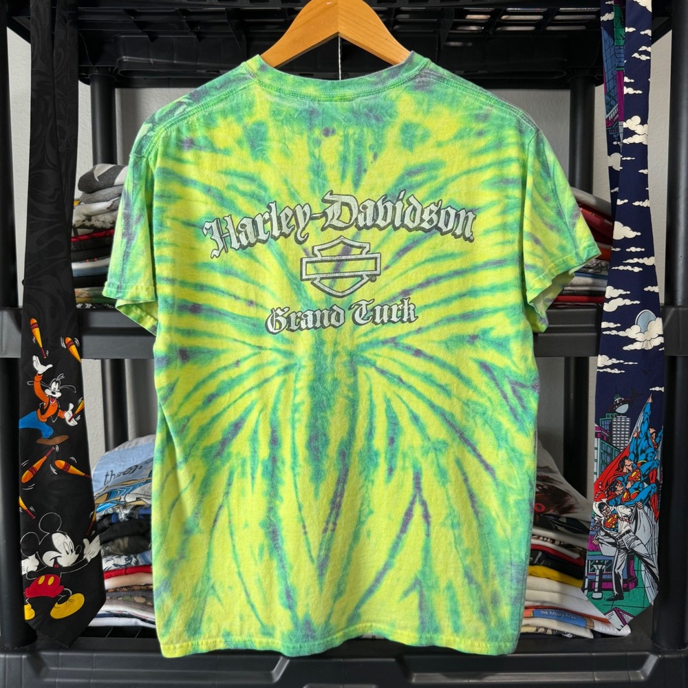 Y2K Green Tie Dye Harley-Davidson Grand Turk Graphic T-Shirt Size Medium